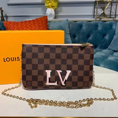 Клатч Louis Vuitton Pochette Double Zip N60254 Damier Ebene Canvas Rose Ballerine Pink "Brown" фото № 2