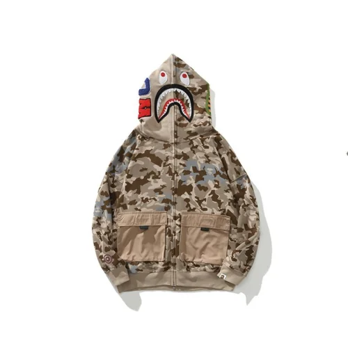 Худи A Bathing Ape Camouflage Shark Patch Pockets Zip "Beige"