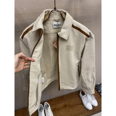 Куртка-бомбер Miu Miu Frontside Light Striped Logotype Miu Miu "Beige" фото № 7