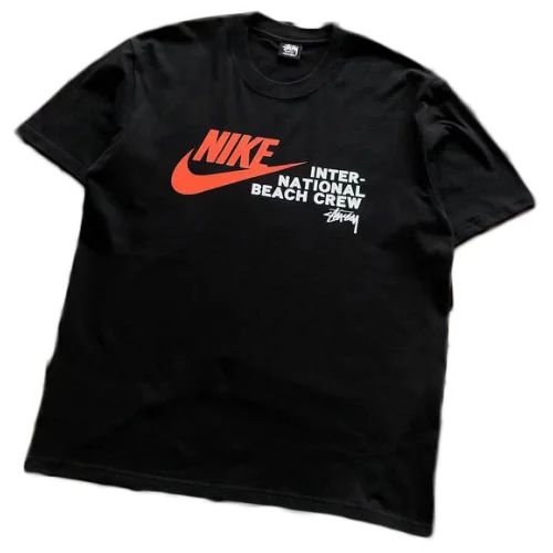 Футболка Stussy Front Inscription International Beach Crew And Nike Logo "Black"