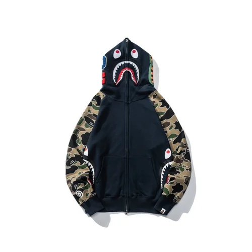 Худи A Bathing Ape Shark Hood And Pockets Camouflage Sleeves Zip "Black"