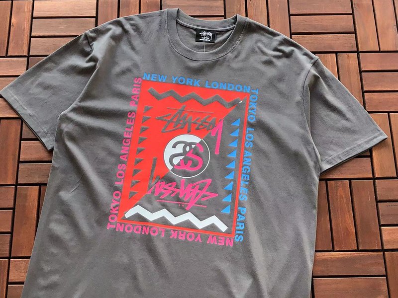 Футболка Stussy Rectangle With Multicolor Lettering And Symbols "Gray" фото № 2