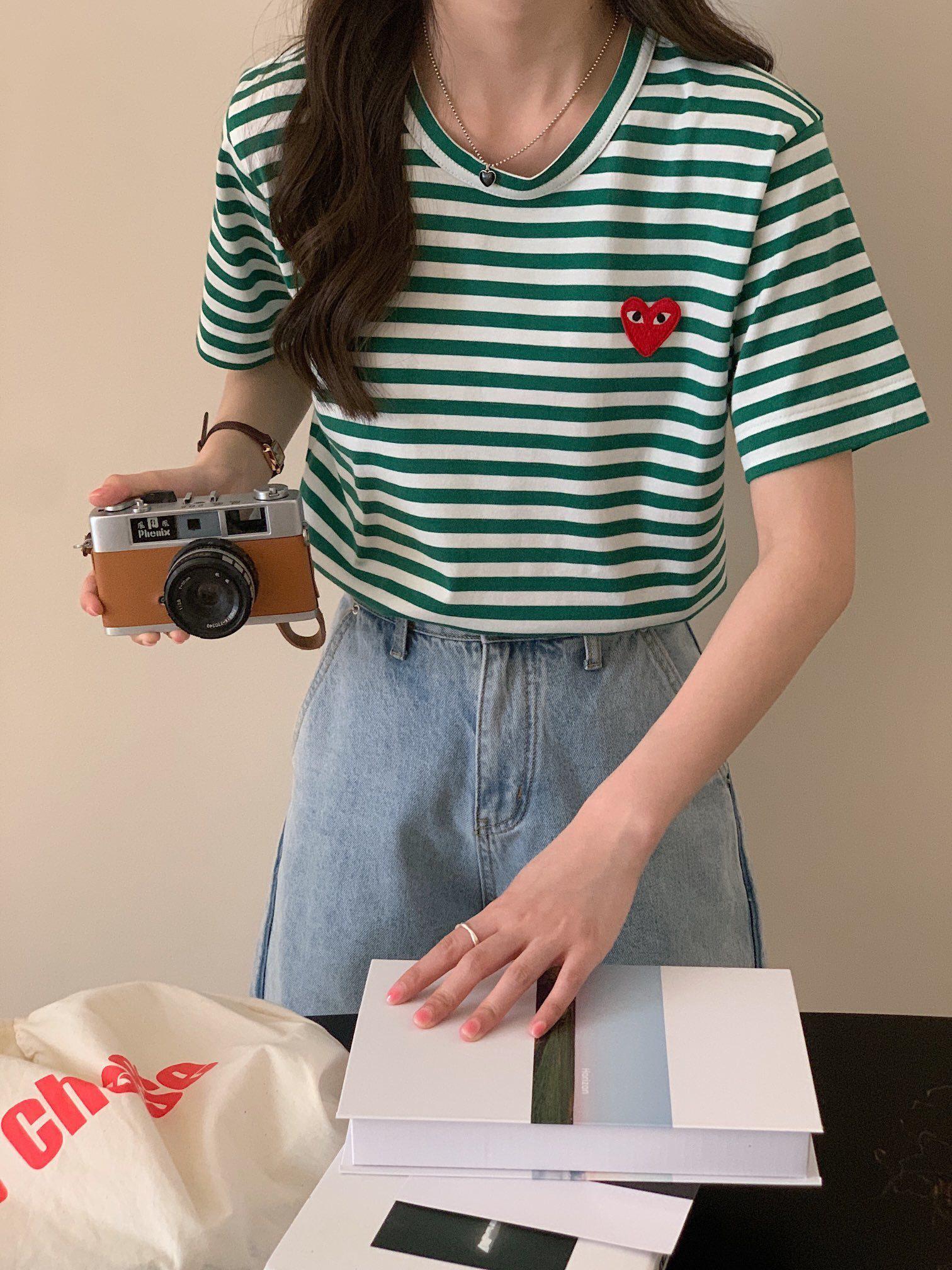 Футболка Comme des Garçons Play Striped Heart Eyes "Green" фото № 2